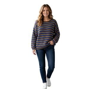 Vintage In Charge Women Sweater Size L/XL Blue Oversized Stripe Knit Retro Comfy